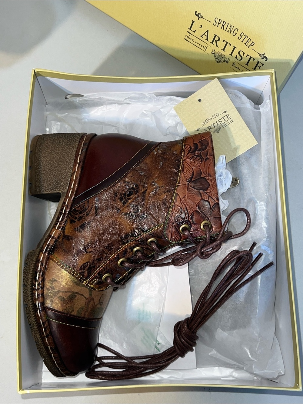 L'Artiste by Spring Step Brown Floral Embossed Leather Lace-Up Boot - Picture 13 of 16